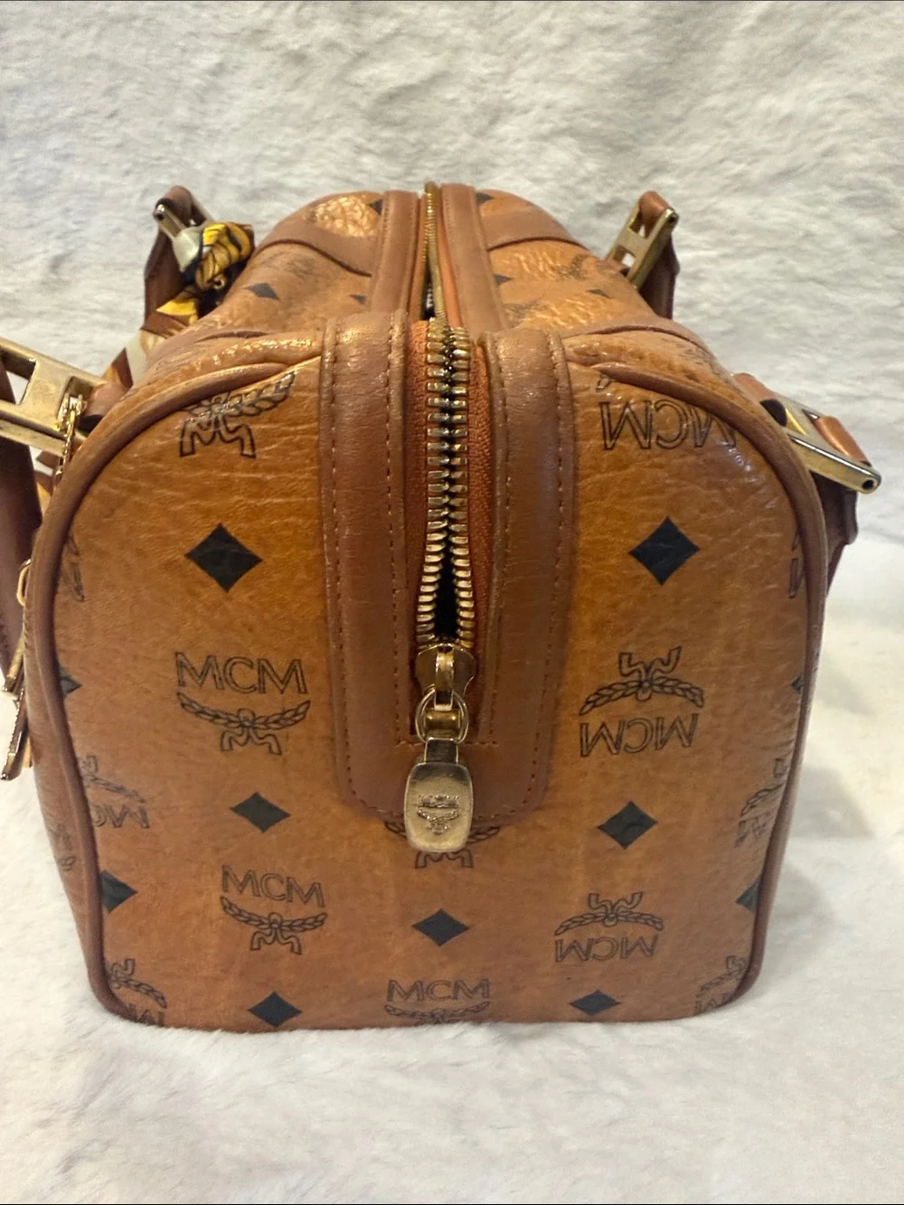 MCM Cognac Monogram Visetos Satchel with Gold Charms